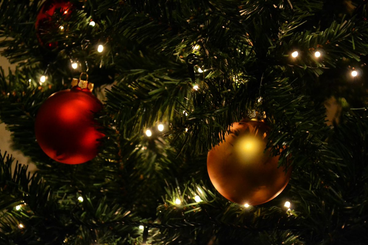 Close-up of Christmas tree adorned with red and gold ornaments and twinkling lights.